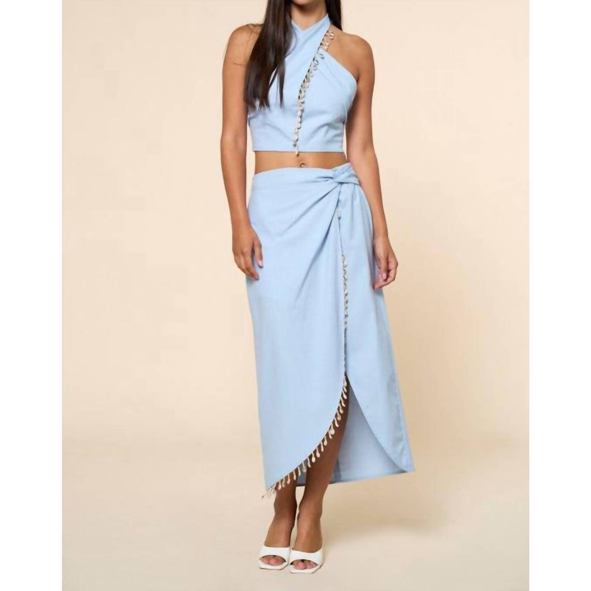 New Lalavon Amanda Halter Crop Top And Skirt Set In Blue